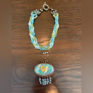 Handcrafted Turquoise and Green Beaded with Glass Pendant Necklace.
